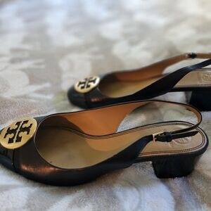 Tory Burch Black and Gold Slingback Heels.  Size 10.5. Very Good Condition.